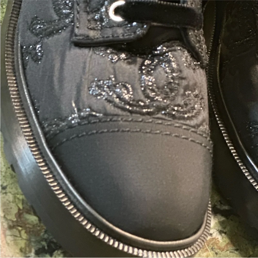 Chanel black shimmer logo pearl lace-up boots. New in the box. - Picture 3 of 8